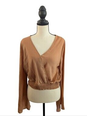Lumiere Camel Brown Long Flare Sleeve Wrap Top in Camel Brown Size Large